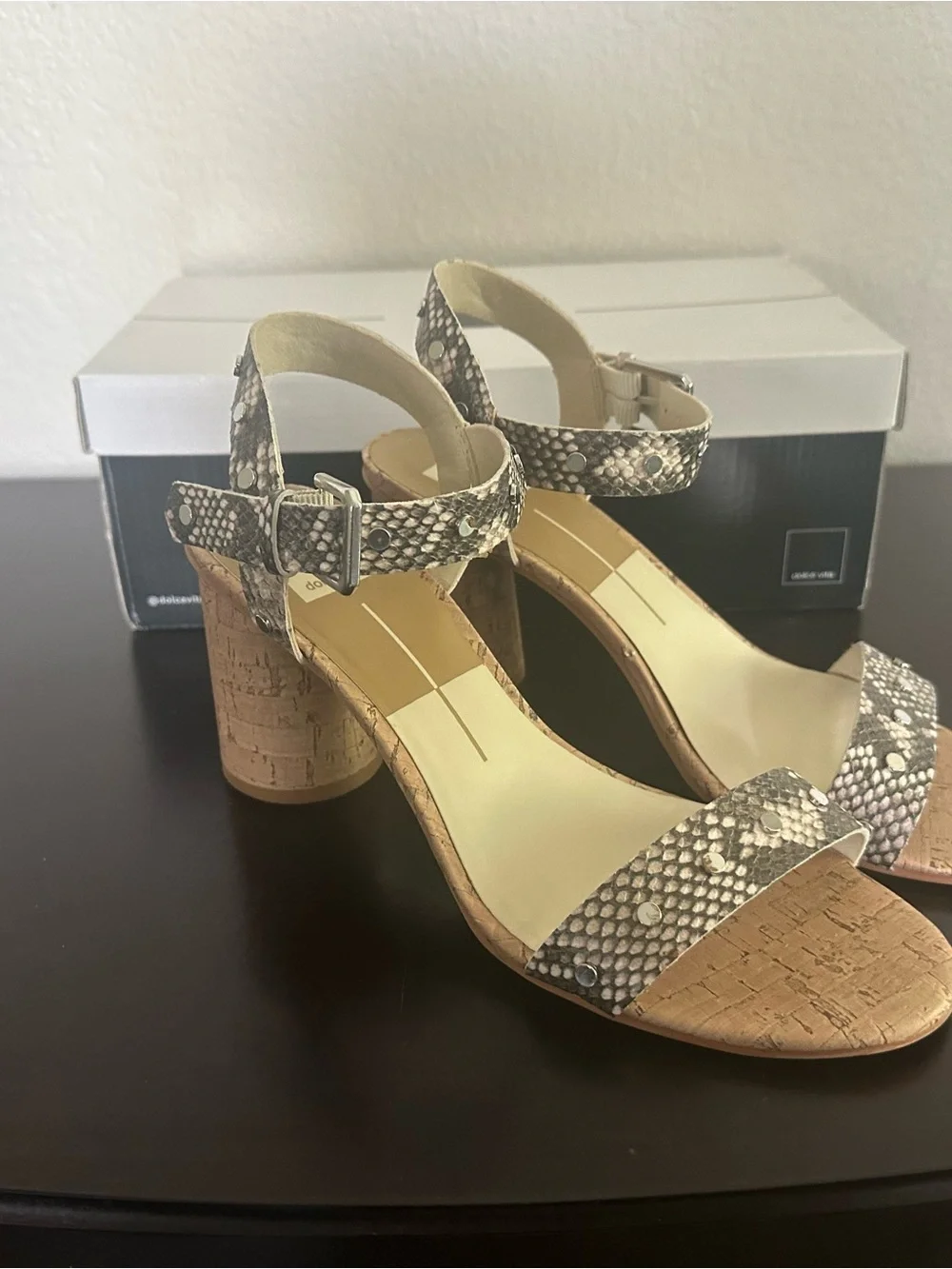 Dolce Vita Metallic Snake-Print Cork Wedge Sandals